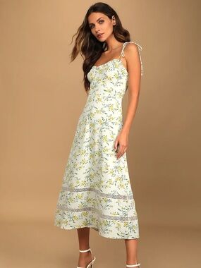 Lulu's White Slip Midi Dress with Yellow Floral Print